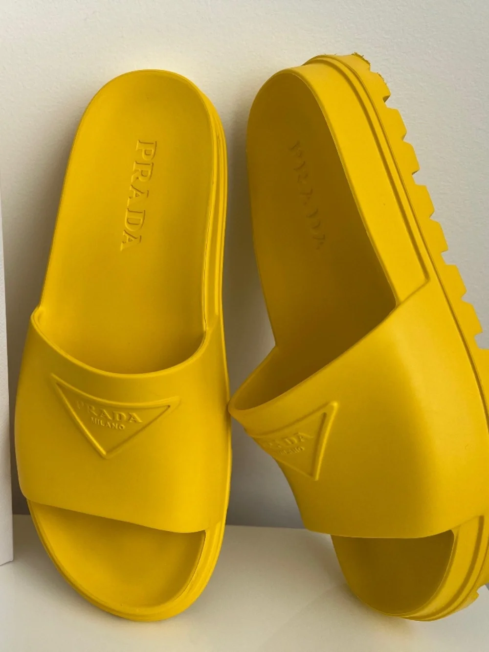 Prada Men's Slide Sandals Yellow Rubber Platform Logo Size 9 US 10 EU 43 Italy